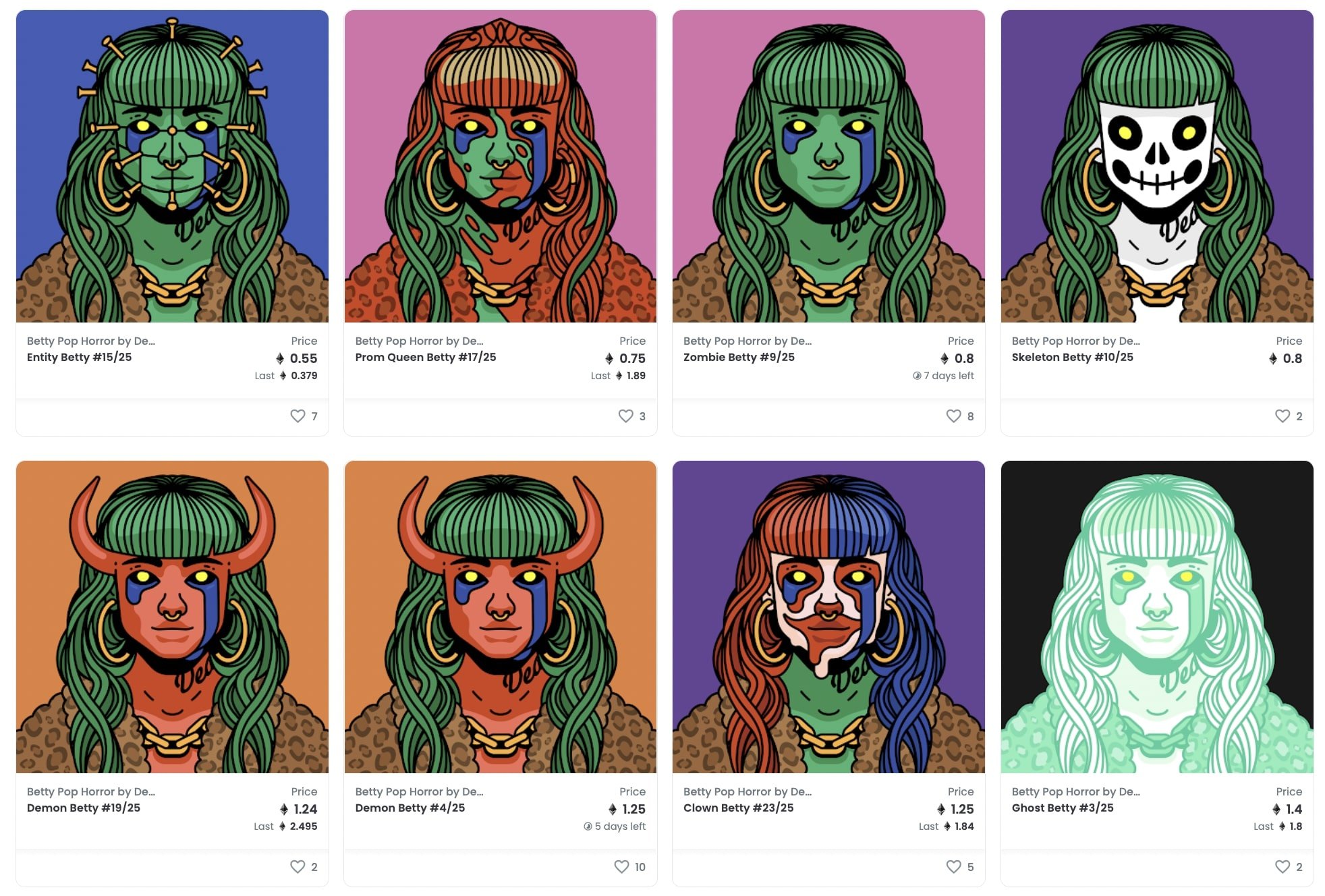 Différents avatars de Betty Pop Horror sur Opensea à vendre