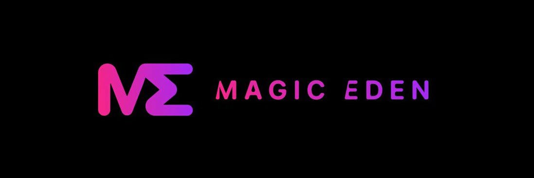 Texte violet et rose épelant "ME" puis "Magic Eden" sur fond noir.