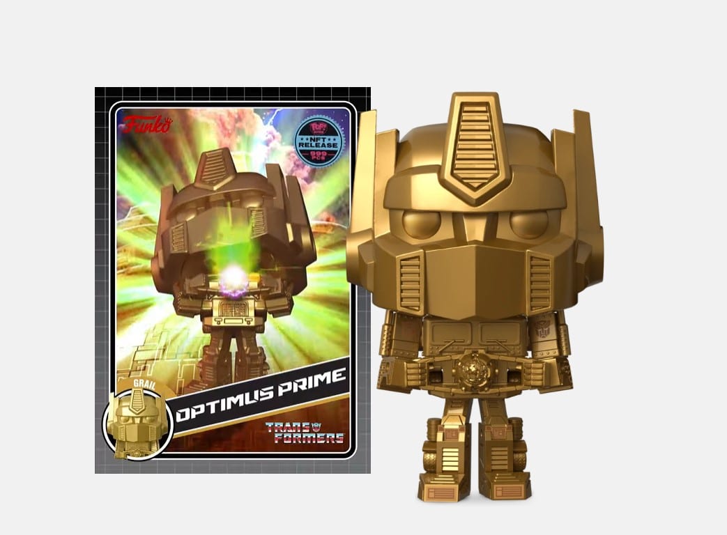 Objets de collection numériques Transformers x Funko avec un Optimus Prime doré.