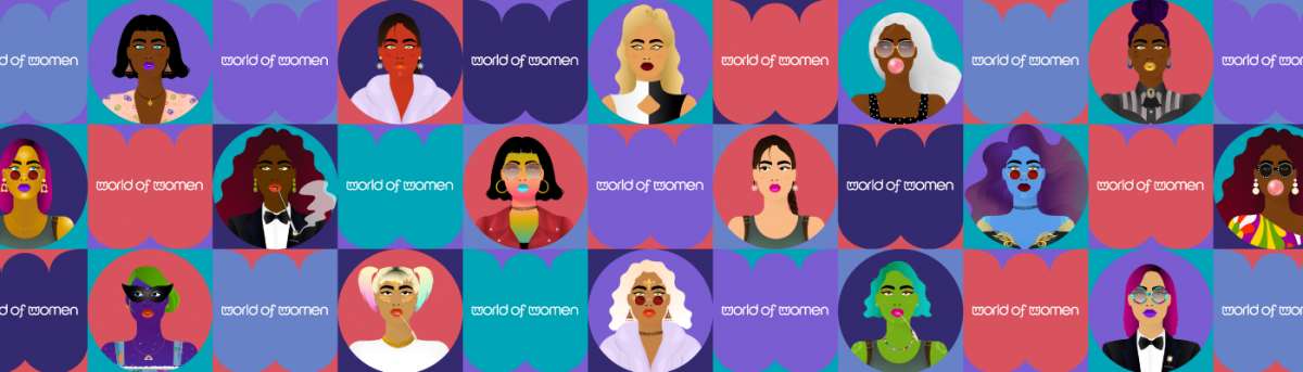 Trois rangées de NFT colorées du monde des femmes, diverses femmes dans différentes coiffures et vêtements et d'autres caractéristiques, entrecoupées du logo du monde des femmes.