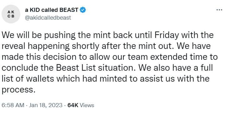 capture d'écran d'une annonce Twitter par un KID appelé projet BEAST NFT