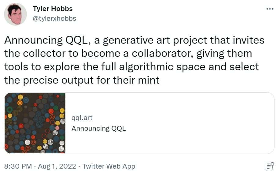 Capture d'écran Twitter de Tyler Hobbs annonçant sa nouvelle plateforme, QQL
