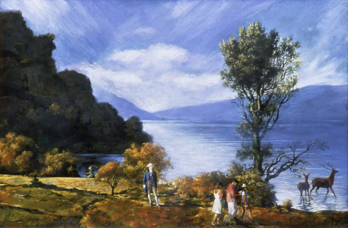 Une peinture montrant un paysage typique de collines, d'arbres, de ciels bleus avec George Washington au premier plan.