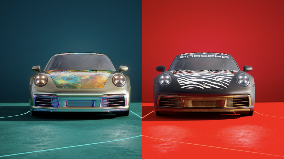 Deux rendus numériques de voitures Porsche se côtoient.  La voiture de gauche est argentée avec un capot de couleur arc-en-ciel et sur un fond bleu-vert.  La gauche est noire avec une capuche à motif zébré sur fond rouge.