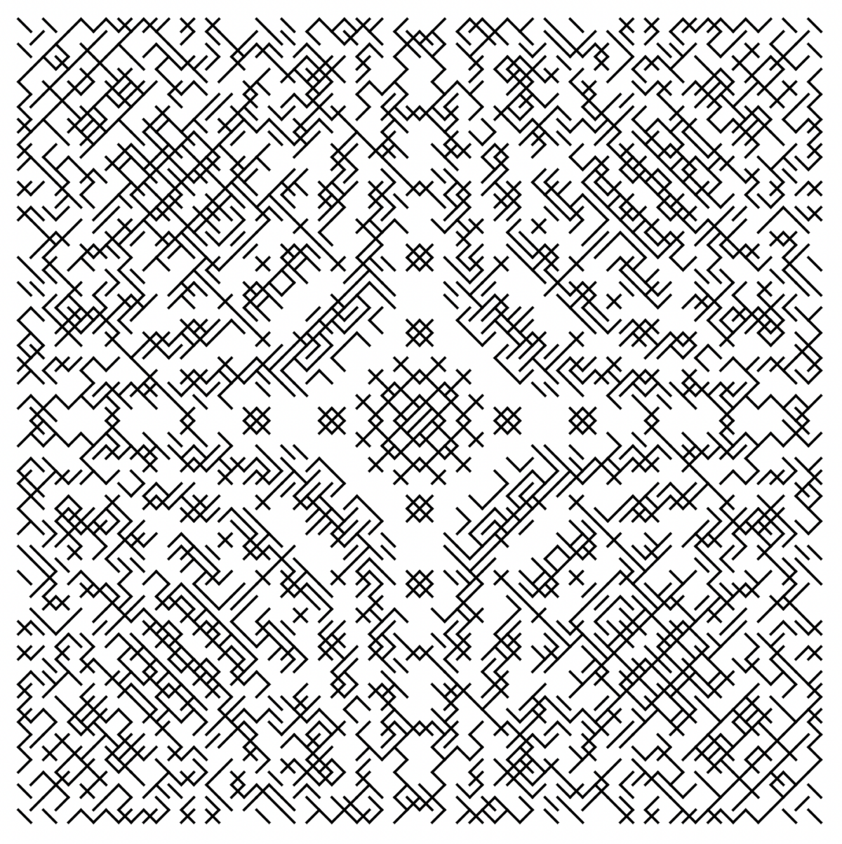 Une image kaléidoscope-esque de symboles de texte noirs sur fond blanc formant une œuvre d'art en forme d'étoile.