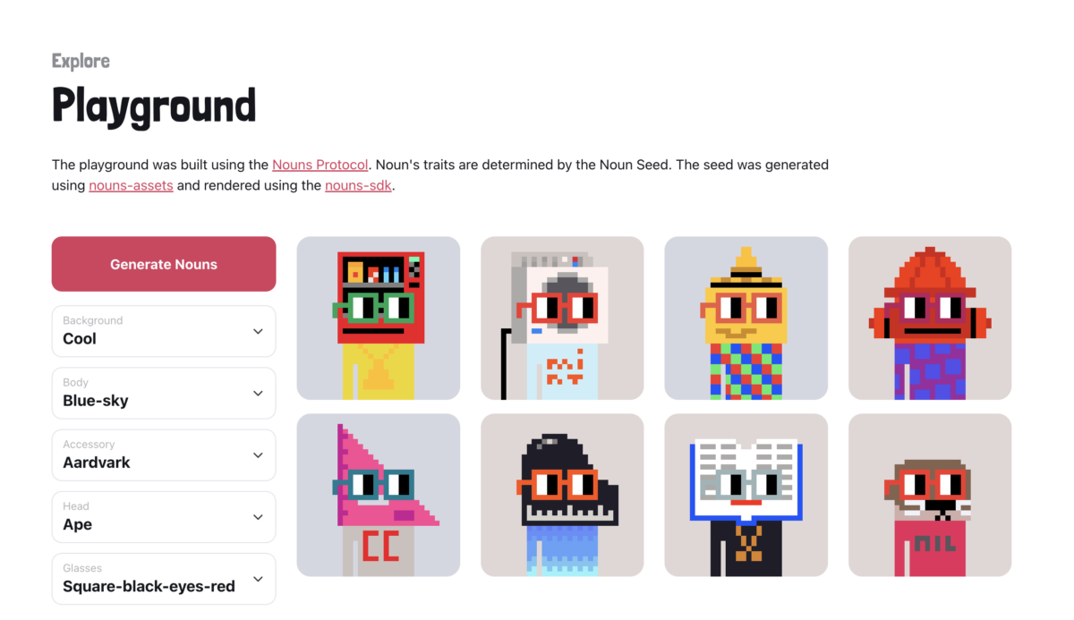 Site Web de Nouns Playground, menu déroulant des traits