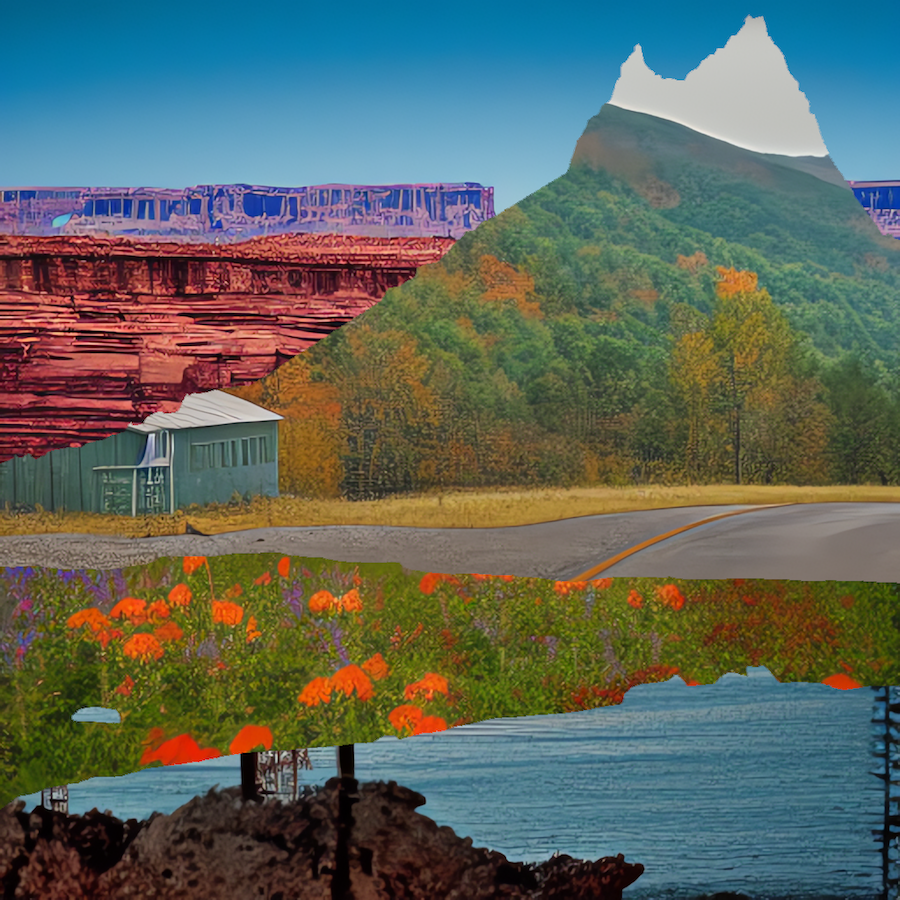 Un collage numérique de divers paysages du continent américain en vert, bleu et jaune.