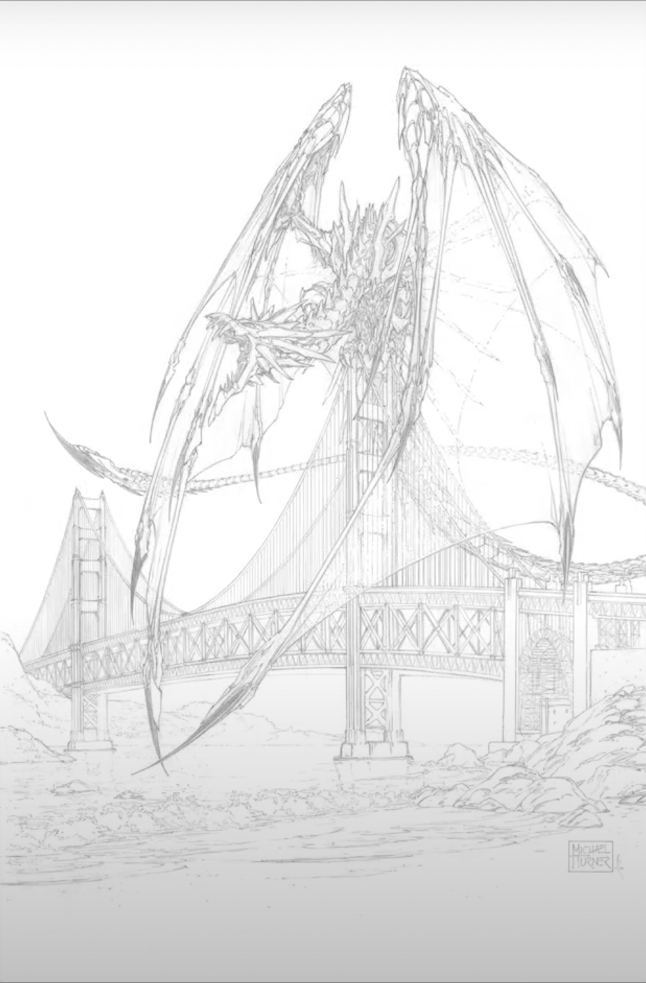 Un dessin au trait d'un dragon au sommet d'un pont avec ses ailes massives repliées devant lui-même.