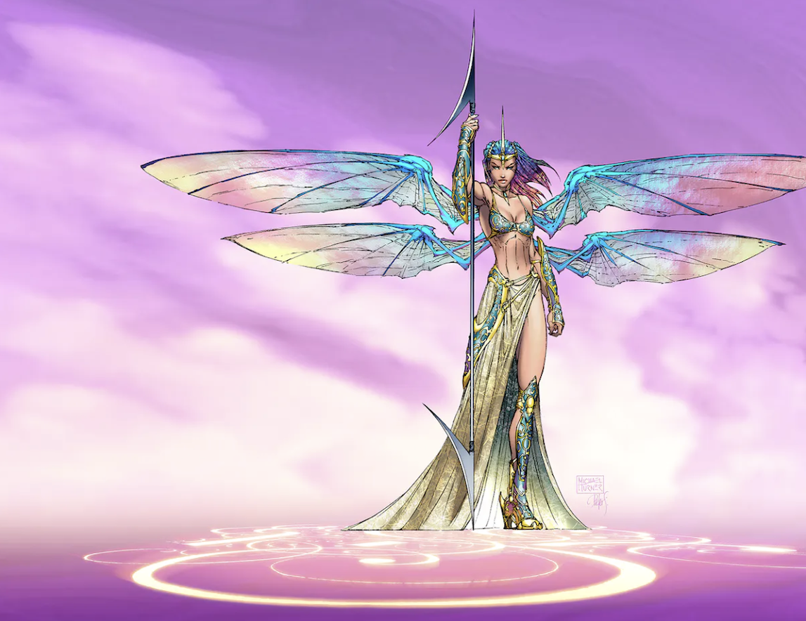 une femme avec des ailes sur fond violet avec une lance