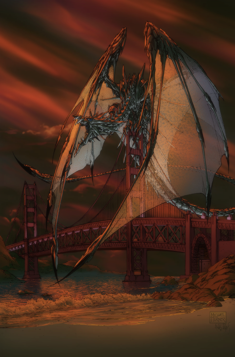 Un dessin coloré d'un dragon rouge au sommet d'un pont avec ses ailes massives repliées devant lui.