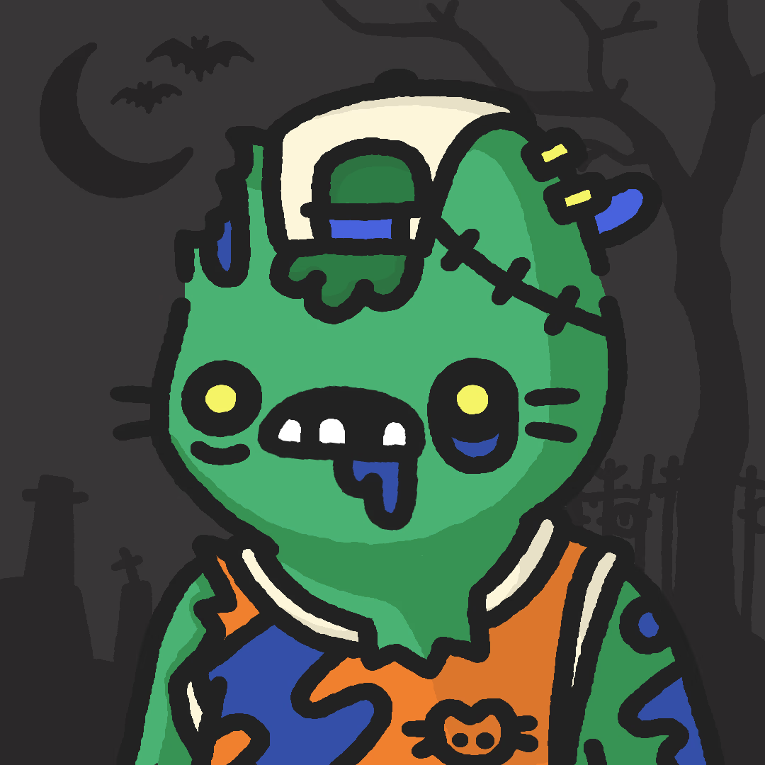Un personnage de dessin animé de chat zombie avec des dents manquantes et une demi-tête portant une chemise orange avec un emblème de crâne et d'os de chat dessus.