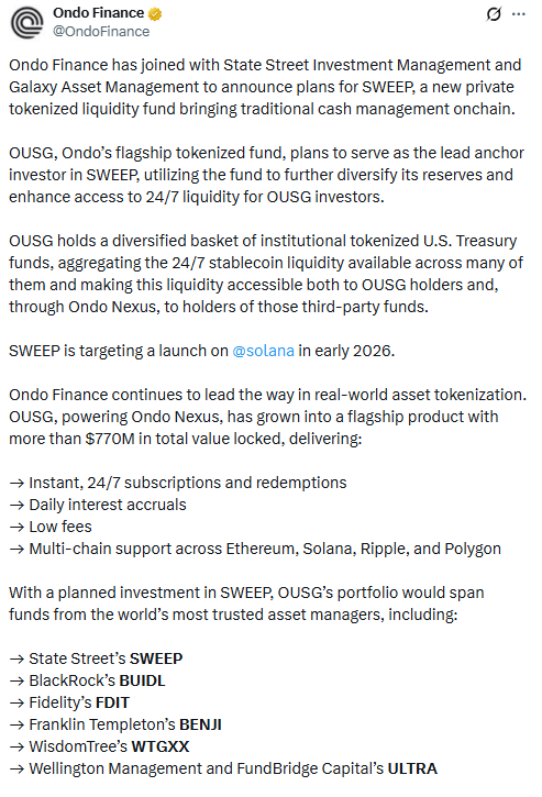 Fonds de liquidité tokenisé Ondo SWEEP. Source : Ondo Finance sur X