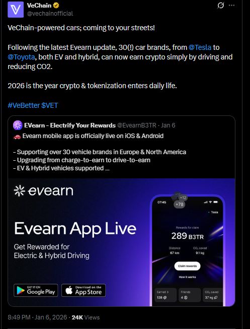 Lancement de voitures Drive-to-Earn propulsées par VeChain dans 30 marques, récompensant les conducteurs de crypto